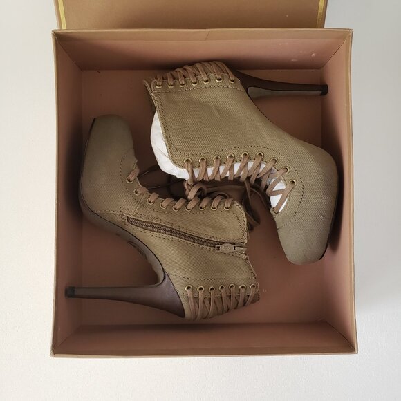 ASH Size 37.5 (US 7) Khaki Side Zipper Lace Up Ankle Boot Heels With Box - Picture 12 of 13